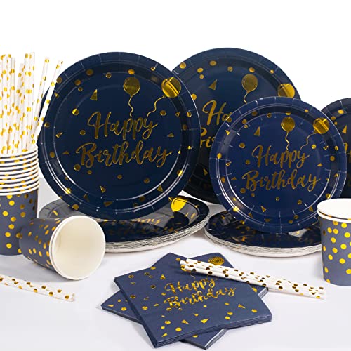 Yidaxing 120pcs Happy Birthday Partygeschirr Set, Blau und Goldene Partygeschirr Set, Pappteller Pappbecher Servietten Pappgeschirr Set für Geburtstag Hochzeit Party Tafeldeko, 24 Gäste von Yidaxing