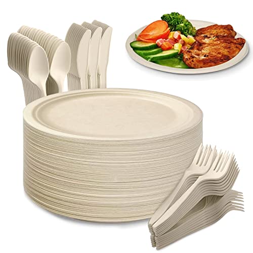 Yidaxing 200 Stück Einweggeschirr Set, Umweltfreundlich Einwegteller Set, Partygeschirr umfasst Pappteller Gabeln Messer und Löffel für Grillfest Camping Picknick Party, 50 Gäste(22.8cm Holzfarbe) von Yidaxing