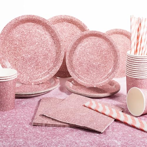 Yidaxing Roségold-Glitzer Partygeschirr Set, 81 Stück Einweggeschirr Kindergeburtstag Party Geschirr Hochzeit Baby Shower Teller Tassen Strohhalme Servietten Tischdecken Partydekoration 16 Gäste von Yidaxing
