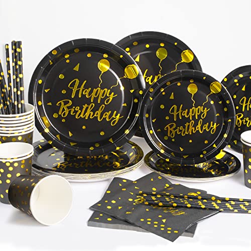 Yidaxing Schwarz und Gold Partygeschirr Set, 120pcs Mädchen Party Einweggeschirr Teller, Enthält Pappbecher Becher und Servietten für Brautdusche Verlobung Hochzeit Geburtstag Baby shower, 24 Gäste von Yidaxing