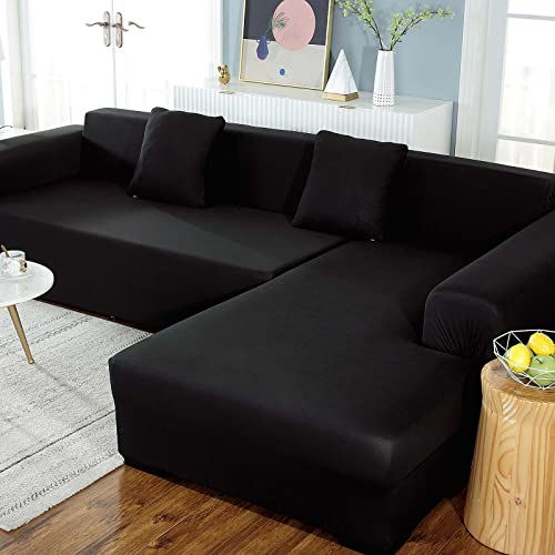 Yidaxing Sofa Überwürfe Sofabezug Elastische Stretch Sofabezüge für L-Form Sofa Abdeckung mit 2 Stücke Kissenbezug(Schwarz, 1 Sitzer + 2 Sitzer) von Yidaxing