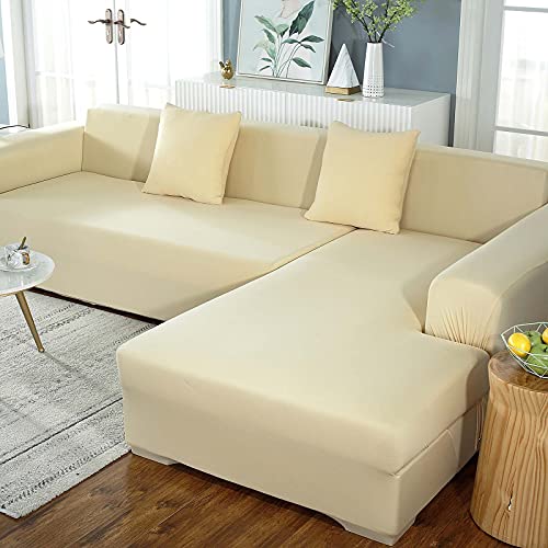 Yidaxing Sofa Überwürfe Sofabezug Elastische Stretch Sofabezüge für L-Form Sofa Abdeckung mit 2 Stücke Kissenbezug (Beige, 2 Sitzer+2 Sitzer) von Yidaxing