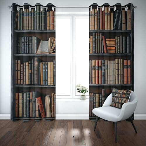 Yidbhsse Bücher Bücherregal Thermovorhang Kälteschutz 245x140cm, Bibliothek Verdunklungsgardine 2er Set, Retro Kunst Vorhang Mit Ösen, Gardinen Blickdicht Schlafzimmer Wohnzimmer von Yidbhsse