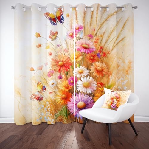 Yidbhsse Gänseblümchen Blumenmuster Verdunkelungsvorhang Gardinen Mit Ösen 2er Set, Blüten Pflanzen Thermovorhang Hitzeschutz Blickdicht Vorhang 137x117cm, Floral Botanisch Blackout Curtain Wohnzimmer von Yidbhsse