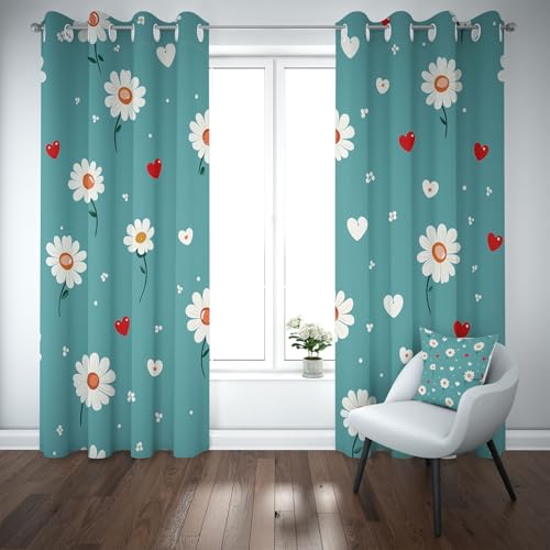 Yidbhsse Gänseblümchen Floral Thermovorhang Hitzeschutz Blickdicht Vorhang 175x70cm, Blau Blume Verdunkelungsvorhang Gardinen Mit Ösen 2er Set, Blüten Herz Blackout Curtain Wohnzimmer von Yidbhsse