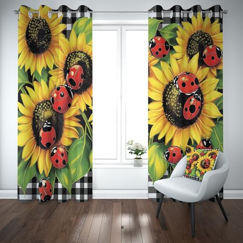 Yidbhsse Marienkäfer Blüten Verdunkelungsvorhang Ösen, Sonnenblume Blume Vorhang Blickdicht Schlafzimmer 2er Set, Floral Pflanzen Thermovorhang Kälteschutz, Blackout Curtain Wohnzimmer 175x140cm von Yidbhsse
