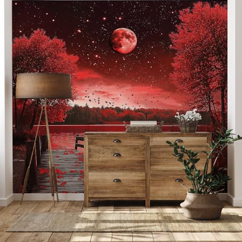 Yidbhsse Mond Fluss Fototapete 3d, Sternenhimmel Rote Tapete 150 x 200 cm, Baum Botanisch Vliestapete Schlafzimmer, Wandtapete Kinderzimmer Motivtapeten Wandfolie Wohnzimmer Wand Dekoration von Yidbhsse