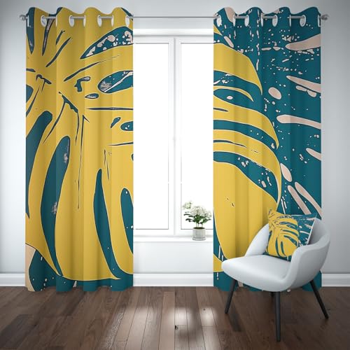 Yidbhsse Monstera Pflanzen Verdunkelungsvorhang Gardinen Mit Ösen 2er Set, Blatt Botanisch Thermovorhang Hitzeschutz Blickdicht Vorhang 137x117cm, Tropisch Gelbe Blackout Curtain Wohnzimmer von Yidbhsse