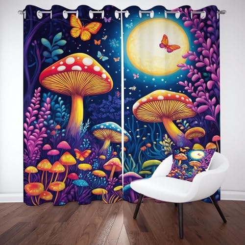 Yidbhsse Pilz Botanisch Verdunklungsgardine 2er Set, Wildpflanzen Thermovorhang Kälteschutz 215x110cm, Dschungel Pflanzen Vorhang Mit Ösen, Gardinen Blickdicht Schlafzimmer Wohnzimmer von Yidbhsse