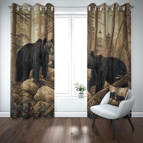 Yidbhsse Retro Bär Thermovorhang Kälteschutz, Blackout Curtain Wohnzimmer 183x117cm Tier Zweig Verdunkelungsvorhang Ösen, Baum Wildtiere Vorhang Blickdicht Schlafzimmer 2er Set von Yidbhsse