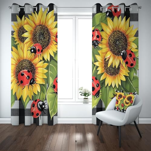 Yidbhsse Sonnenblume Blume Blickdichte Gardinen Schlafzimmer, Marienkäfer Blüten Vorhäng Mit Ösen, Floral Pflanzen Curtains Blackout 2er Set 220x140cm, Verdunklungsvorhänge Wohnzimmer von Yidbhsse