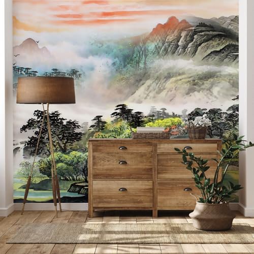 Yidbhsse Tintenmalerei 3d Tapeten Wohnzimmer, Berg Wolken Vliestapete, Baum Botanisch Motivtapeten Schlafzimmer, Fototapete 175x250 cm, Wallpaper Wandtapete, Abwaschbare Tapete Küche von Yidbhsse
