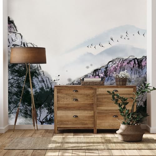 Yidbhsse Tintenmalerei Fototapete 3d, Berg Vogel Tapete 416x254 cm, Natur Landschaft Vliestapete Schlafzimmer, Wandtapete Kinderzimmer Motivtapeten Wandfolie Wohnzimmer Wand Dekoration von Yidbhsse