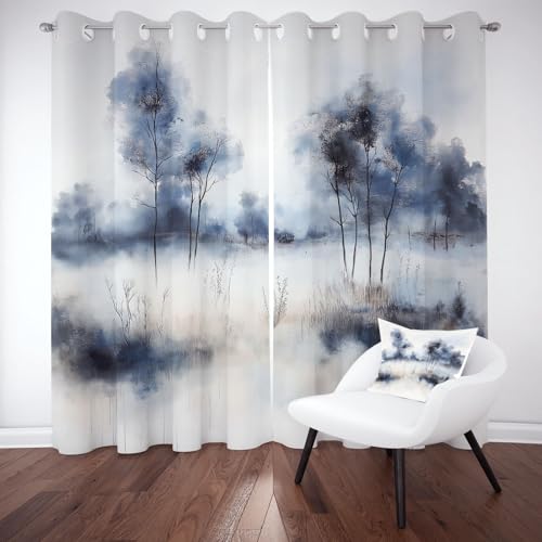 Yidbhsse Tintenmalerei Verdunkelungsvorhang Gardinen Mit Ösen 2er Set, Baum Botanisch Thermovorhang Hitzeschutz Blickdicht Vorhang 137x117cm, Modern Kunst Blackout Curtain Wohnzimmer von Yidbhsse