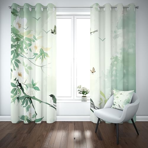 Yidbhsse Vogel Schmetterling Blickdichte Gardinen Schlafzimmer, Frühling Blatt Vorhäng Mit Ösen, Hellgrün Tintenmalerei Curtains Blackout 2er Set 220x140cm, Verdunklungsvorhänge Wohnzimmer von Yidbhsse