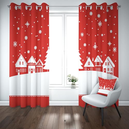 Yidbhsse Weihnachten Thermovorhang Kälteschutz, Blackout Curtain Wohnzimmer 183x117cm Rot Schneeflocke Verdunkelungsvorhang Ösen, Winter Schnee Vorhang Blickdicht Schlafzimmer 2er Set von Yidbhsse