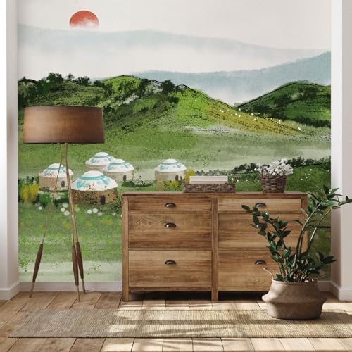 Yidbhsse Wiese Berg Tapeten Schlafzimmer, Sonnenaufgang Grüne Vliestapete Wohnzimmer, Modern Kunst Fototapete Wasserfest, Motivtapeten 3d, Wandtapete Wanddekoration Kinderzimmer 400 x 280 cm von Yidbhsse