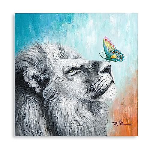 Yidepot Bunter Löwe und Schmetterling, Wandkunst: Weißer Löwe spielt mit einem niedlichen Schmetterlingsbild für Kinderzimmer, Badezimmer, Wanddekoration (50 x 50 cm) von Yidepot