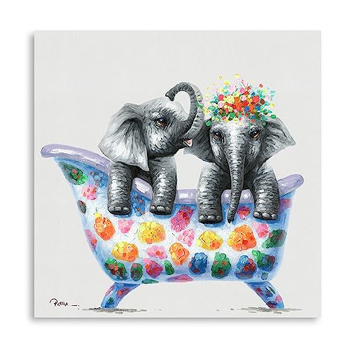 Yidepot Lustiger Elefant auf Leinwand, Motiv: Zwei kleine Elefanten in bunter Badewanne, Bild Druck, dekoratives Wandbild für Bathoom, gerahmt und fertig zum Aufhängen, 50 x 50 cm von Yidepot