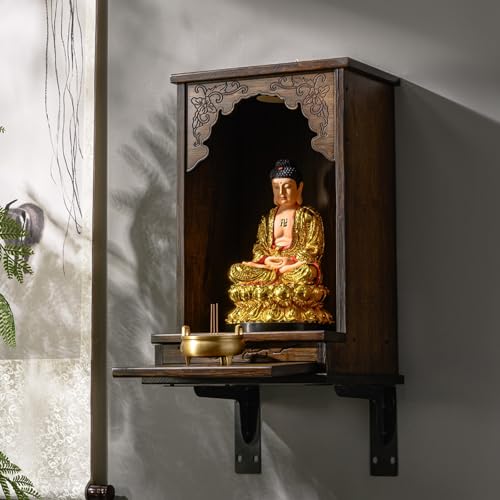 Wandmontierter Buddha-Statuenständer, Schrein-Altartisch, Wandmontierter Buddha-Schrein aus Massivholz mit einziehbarem Zugplattendesign, Buddha-Nischen-Opferplattform(30x35x50cm/11.8x13.8x19.7in) von Yidlkecqey