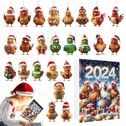 Yidueace Adventskalender Huhn Weihnachten - 24 Türchen Mit Süßen Hühner-Anhängern Countdown Kalender - 2D Acrylic Flachanhänger Huhn Charm Für Christbaumschmuck Wanddekoration Auto-Innenspiegel von Yidueace