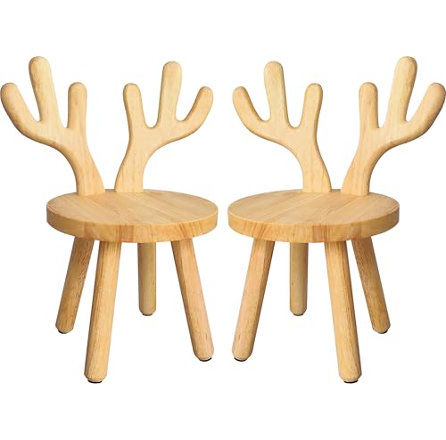 Yier Mei 2 Pcs Hirsch Geweih Massiv Holzhocker, Hirsch Ohr Rückenlehne Stuhl Hocker Ideal für Kinder und Erwachsene, Perfekt für Essen, Lesen, Spielen, Garten, Angeln (Holzfarbe) von Yier Mei