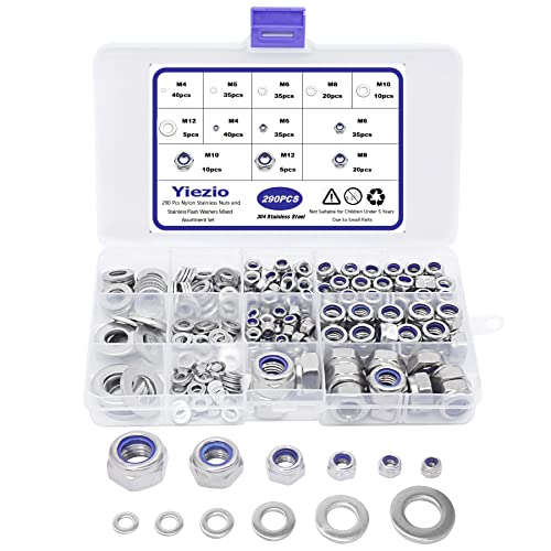 Yiezio 290 Stück Sechskantmuttern Unterlegscheiben Sets Sicherungsmuttern Kontermuttern 304 Edelstahl Nylon Klemmmuttern Klemmmuttern Muttern Sicherungsscheiben Sortiment Set M4 M5 M6 M8 M10 M12 von Yiezio