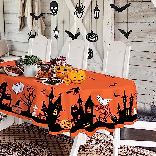 Yighty Ovale Halloween-Tischdecke, 152.4x213.3 cm, gruseliger Kürbis, gruselige Burg, Hexe, Tischdecke, Polyester, wasserdicht, knitterfrei, langlebig, Urlaub, Küche und Heimdekoration von Yighty