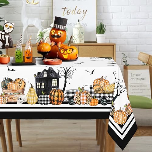 Rechteckige Halloween-Tischdecke 152 x 260 cm, Horror-Kürbis-Schloss-Schädel-Muster, aus wasserdichtem, knitterresistentem und langlebigem Polyester, geeignet für Halloween, Partys und Heimdekoration Rechteckige Halloween-Tischdecke 152 x 260 cm, Horror-Kürbis-Schloss-Schädel-Muster, aus wasserdichtem, knitterresistentem und langlebigem Polyester, geeignet für Halloween, Partys und Heimdekoration von Yighty
