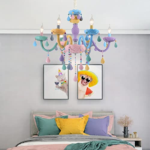 Kinderzimmer Pendelleuchte LED Farbige Kerzen Kinderlamp Warmes Licht Hängelampe E14 6-Flammig Kristall Pendellampe Höhenverstellbar Schlafzimmer Wohnzimmer Prinzessinnenzimmer Decke Beleuchtung Ø69cm von YiiNaio