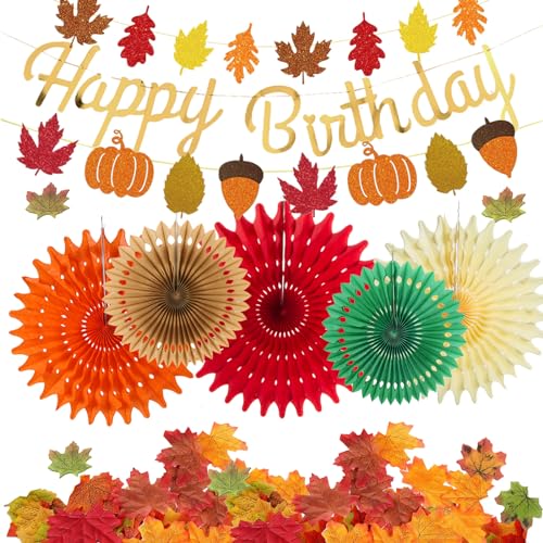 Herbst Geburtstag Deko Ahornblätter Papierfächer Orange Happy Birthday Girlande Herbstlaub Ahorn Laub künstliche Blätter Kindergeburtstag Dekoration von YiiiGoood