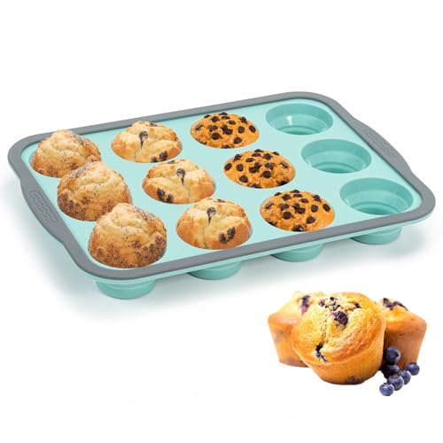 Muffin Backform für 12 Muffins Standardgröße, Muffinform Silikon mit Metallrahmen, Antihaftbeschichtet Muffinblech, Silikon Muffinförmchen für Cupcakes, Brownies, Puddings, BPA-Frei von Yikki