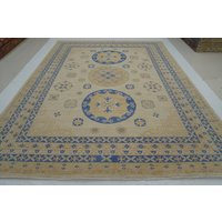 9x12 Beige Vintage Khotan Teppich - Gedeckter Blauer Afghan Handgeknüpfter Wollteppich Schlafzimmer von YildizRugs