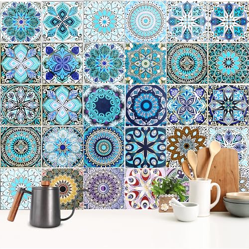 30 Stück Bunt Fliesenaufkleber, 15×15CM Mosaik Küche Wandaufkleber,DIY Marokkanischer Fliesenfolie für Badezimmer,Wandfliese Aufkleber Fliesensticker,Wasserdicht Selbstklebende Treppenaufkleber von YiliYa