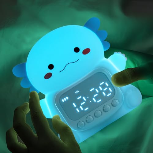 Axolotl Wecker mit Nachtlicht für Kinder, 7 RGB-Farben Süße Wecker für Schlafzimmer, Ok to Wake Wecker, Silikon Tier Tischlampe für Teenager-Mädchen und Jungen, Blau von Yiliaw