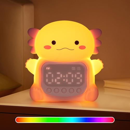 Axolotl Wecker mit Nachtlicht für Kinder, 7 RGB-Farben Süße Wecker für Schlafzimmer, Ok to Wake Silikon Tier Tischlampe für Teenager-Mädchen und Jungen von Yiliaw