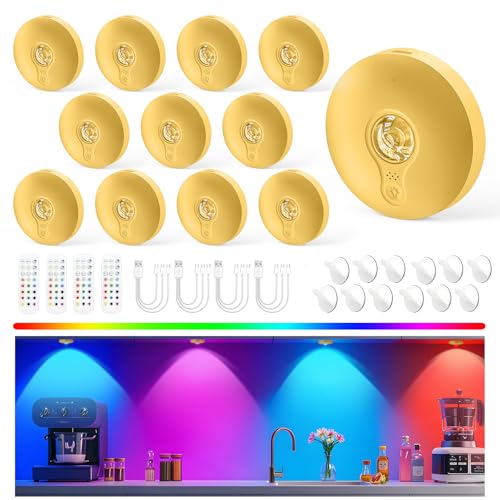 Schrankbeleuchtung Kabellos Akku USB, Unterschrank Beleuchtung Küche, Unterbauleuchte Küche LED Ohne Kabel, Vitrinenbeleuchtung Magnetisch, Puck Lights Mit Fernbedienung, Gold, 12 Stück, 3-Farbe-RGB von Yiliaw