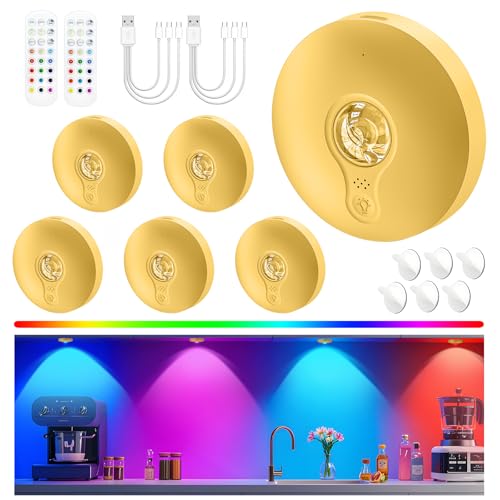 Schrankbeleuchtung Kabellos Akku USB, Unterschrank Beleuchtung Küche, Unterbauleuchte Küche LED Ohne Kabel, Vitrinenbeleuchtung Magnetisch, Puck Lights Mit Fernbedienung, Gold, 6 Stück, 3-Farbe-RGB von Yiliaw