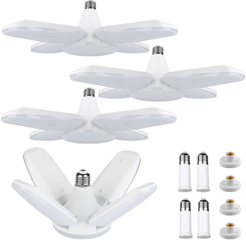Yiliaw 4 Pack LED Garagenleuchte 80W 8000LM Werkstattlampe mit 4 Lampenfassung 4 Sockel Extender, 6500K Tageslicht verformbare Deckenleuchte, Schraube in Garagenlampe für Keller Schlafzimmer Geschäft von Yiliaw
