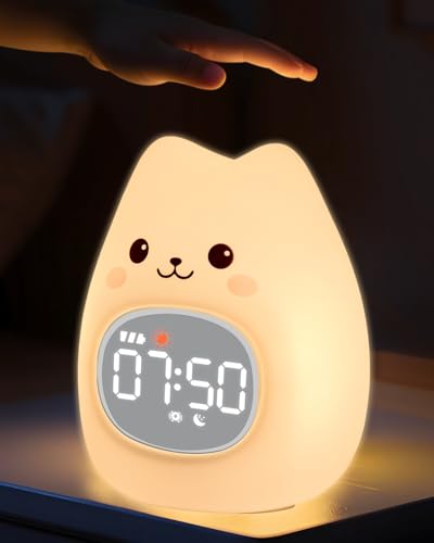 Yiliaw Katzen Kinderwecker mit Nachtlicht – Schlaftrainer & Aufwachuhr, wiederaufladbare Silikonlampe fürs Schlafzimmer, Perfekter Schlafbegleiter für Jungen & Mädchen von Yiliaw