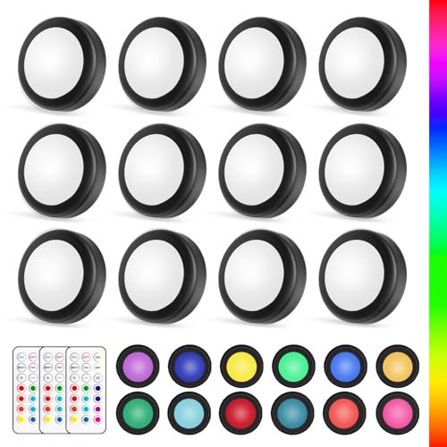 Yiliaw LED Puck-Lichter mit Fernbedienung,AA-Batteriebetriebene Lichter,12 Farben Schrankbeleuchtung,Unterbauleuchten,Drucklichter,Unterschrankbeleuchtung für die Küche,12er-Pack,Weiß von Yiliaw