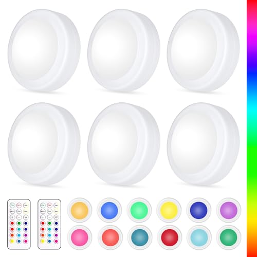 Yiliaw LED Puck-Lichter mit Fernbedienung,AA-Batteriebetriebene Lichter,12 Farben Schrankbeleuchtung,Unterbauleuchten,Drucklichter,Unterschrankbeleuchtung für die Küche,6er-Pack,Schwarz von Yiliaw