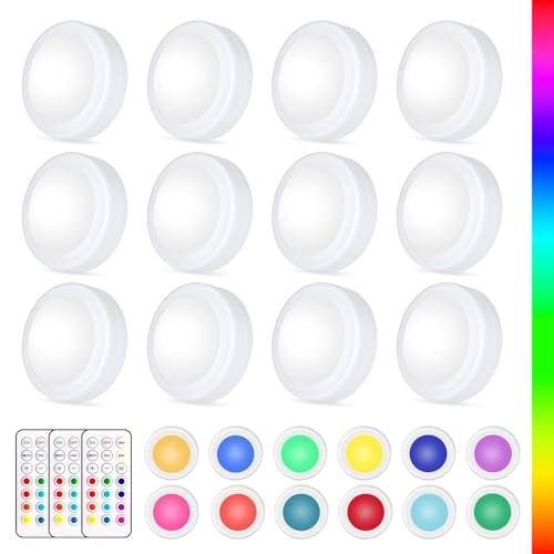 Yiliaw LED Puck-Lichter mit Fernbedienung,AA-Batteriebetriebene Lichter,12 Farben Schrankbeleuchtung,Unterbauleuchten,Drucklichter,Unterschrankbeleuchtung für die Küche,6er-Pack,Schwarz von Yiliaw