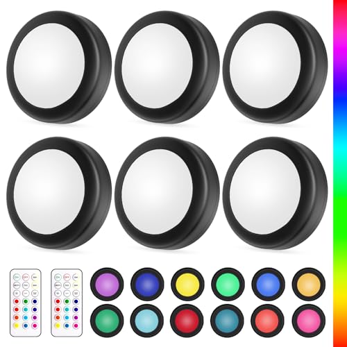 Yiliaw LED Puck-Lichter mit Fernbedienung,AA-Batteriebetriebene Lichter,12 Farben Schrankbeleuchtung,Unterbauleuchten,Drucklichter,Unterschrankbeleuchtung für die Küche,6er-Pack,Weiß von Yiliaw