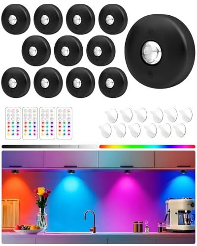 Yiliaw LED-Pucklichter mit Fernbedienung, magnetische AAA-betriebene Leuchten, Unterbauleuchten, Tippleuchten mit Dimmer & Timer für Küche, Schrank, Regal – 12er-Pack, Schwarz von Yiliaw