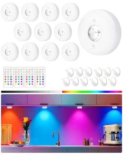 Yiliaw LED-Pucklichter mit Fernbedienung, magnetische AAA-betriebene Leuchten, Unterbauleuchten, Tippleuchten mit Dimmer & Timer für Küche, Schrank, Regal – 12er-Pack, Weiß von Yiliaw