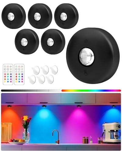 Yiliaw LED-Pucklichter mit Fernbedienung, magnetische AAA-betriebene Leuchten, Unterbauleuchten, Tippleuchten mit Dimmer & Timer für Küche, Schrank, Regal – 6er-Pack, Schwarz von Yiliaw