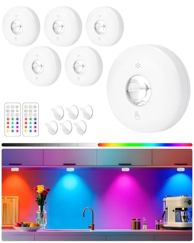 Yiliaw LED-Pucklichter mit Fernbedienung, magnetische AAA-betriebene Leuchten, Unterbauleuchten, Tippleuchten mit Dimmer & Timer für Küche, Schrank, Regal – 6er-Pack, Weiß von Yiliaw