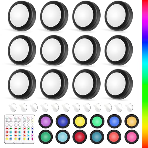 Yiliaw LED Puck-Lichter mit Fernbedienung,AA-Batteriebetriebene Lichter,12 Farben Schrankbeleuchtung,Unterbauleuchten,Drucklichter,Unterschrankbeleuchtung für die Küche,12er-Pack, Schwarz-magnetische von Yiliaw