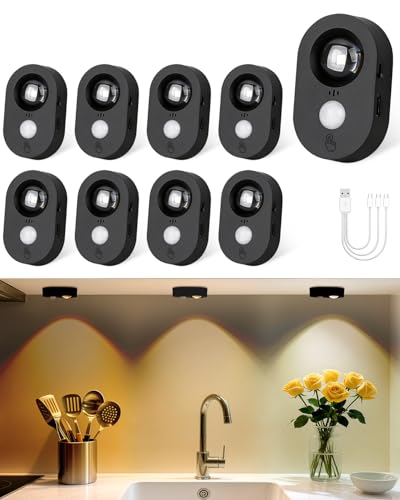 Yiliaw USB Bewegungsmelder Led Spot Akku Innen, Kleine wiederaufladbare Unterbauleuchten, Dimmbares Warmweißes Schranklicht, Klebendes kabelloses Nachtlicht für Schublade, Küche, Schwarz (9er Pack) von Yiliaw